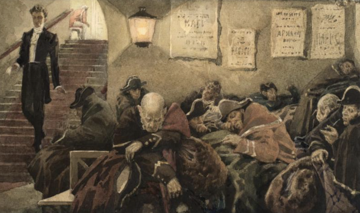 Самохвалов А.Н. Онегин в театре. Иллюстрация к роману А.С. Пушкина «Евгений Онегин». 1940-е // Источник: Пензенская областная картинная галерея им. К.А. Савицкого