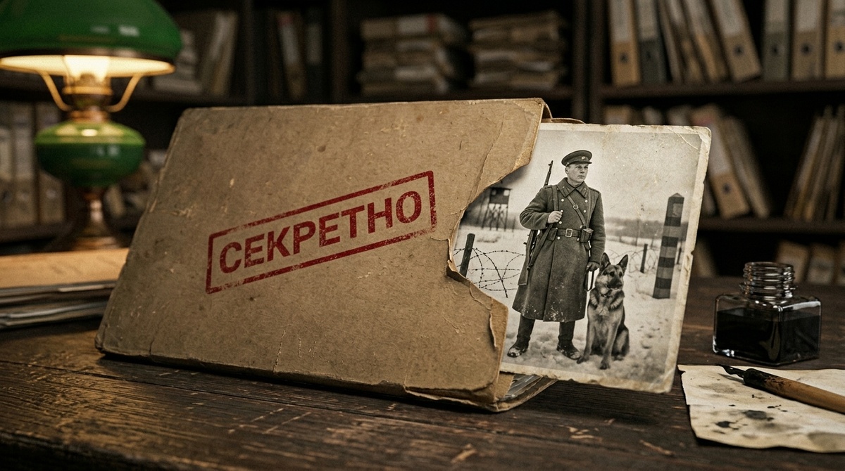 Секретная архивная папка 1930-х с рассекреченной фотографией пограничника Дальневосточного округа и его служебной собаки