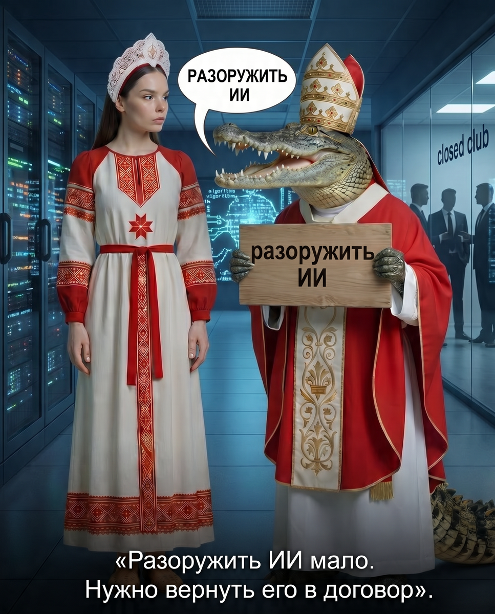 Это не изображение Папы Римского и не насмешка над верой.

Это аллегория: старая моральная власть пытается говорить с новой цифровой инфраструктурой языком предупреждения, но сама инфраструктура остаётся за её спиной — в дата-центрах, моделях, доступах и закрытых клубах тех, кто владеет будущим.

ФераФима здесь не спорит с табличкой «разоружить ИИ».

Она смотрит на главное: кому принадлежит система, которую предлагают «разоружить».

Потому что разоружить ИИ мало.

Его нужно вернуть в договор.