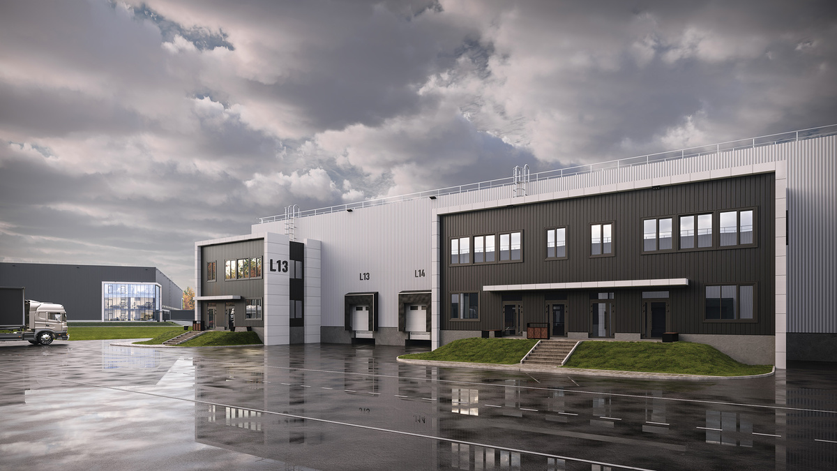 Пример складского комплекса формата Light Industrial -  c разделением складских модулей на юниты от 600м2 с отдельным доком, офисной и шоурумной частью, зонами для складского хранения и производства.