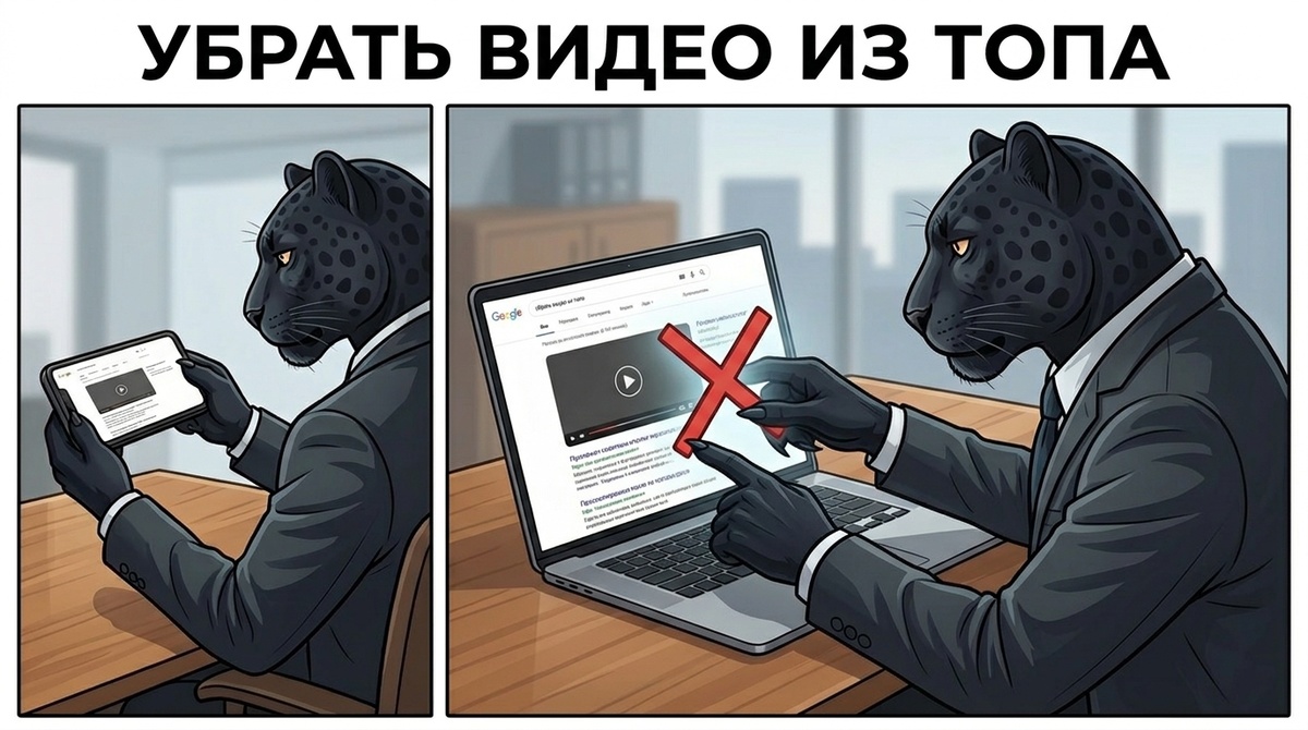 Пантера сидит перед ноутбуком, лапой указывает на видео в поисковой выдаче, другой лапой держит значок удаления. На экране список результатов.