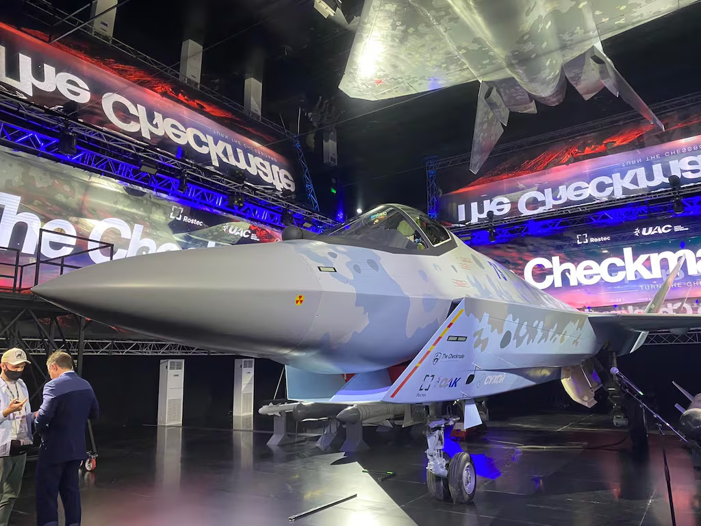 A model of the Russian Su-75 Checkmate is on display during the 2021 Dubai Airshow. (Agnes Helou/Staff)
