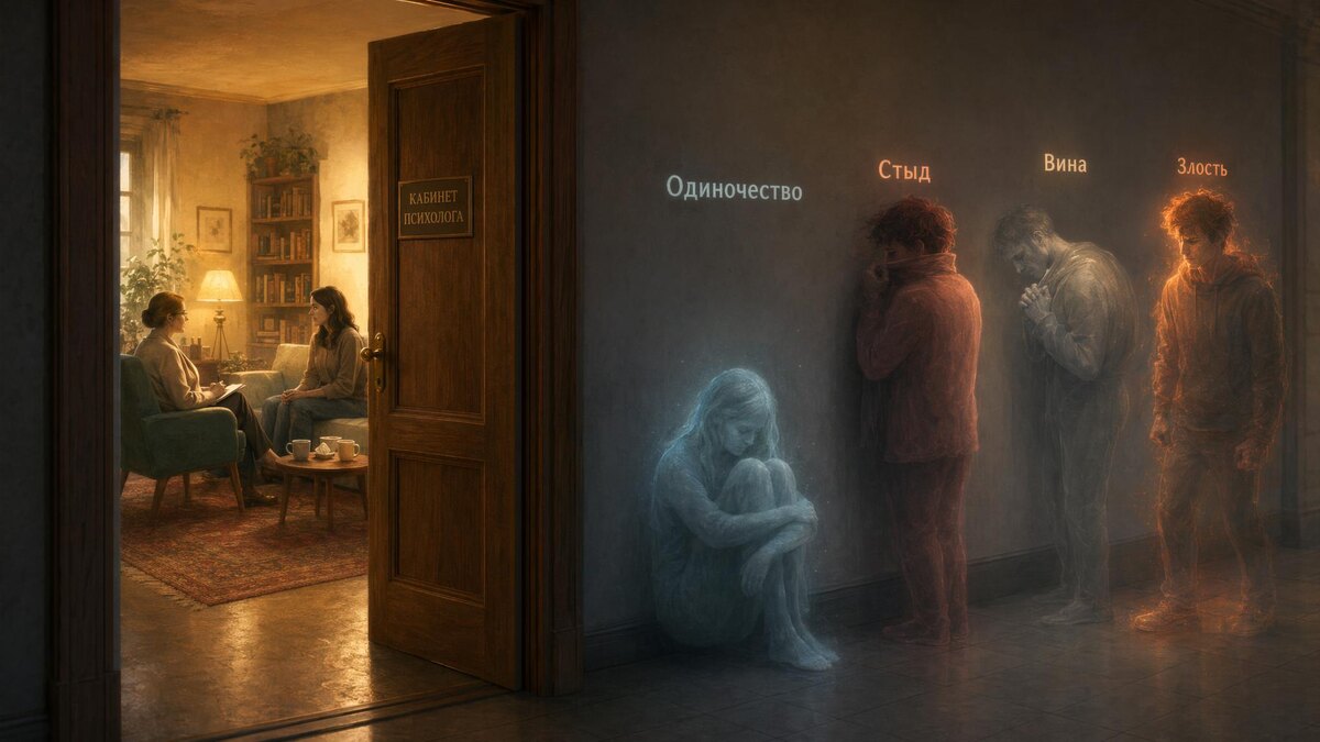 На терапию мы приходим не одни. С нами - наши частые спутники. Изображение сгенерировано ИИ.