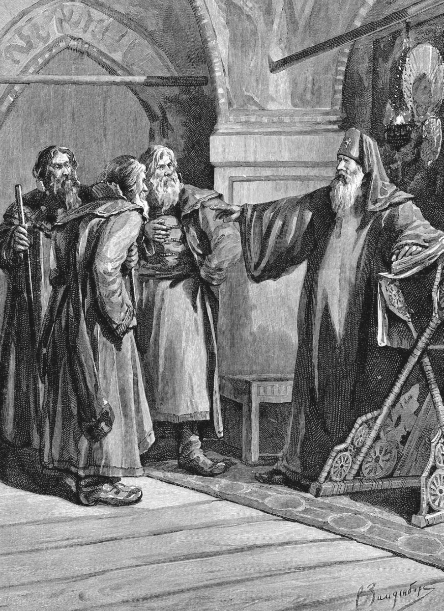    Патриарх Гермоген и бояре. Гравюра Шюблера с оригинального рисунка С. М. Зайденберга. / Фото: из архива журнала "Родина"