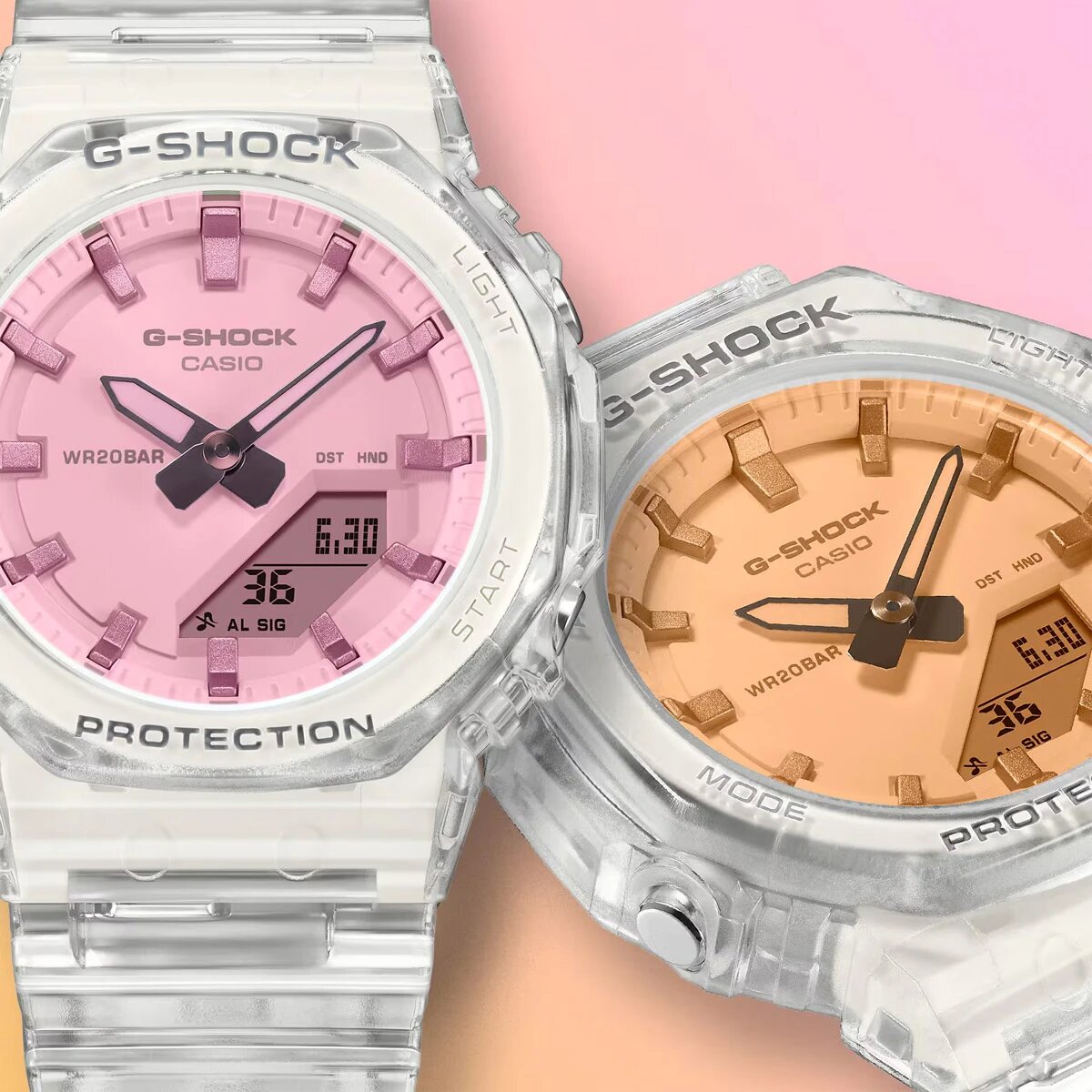 Кажется, что это две разные модели. На самом деле нет — это одни и те же G-Shock GMA-P2100SR-7A. Покрытие стекла и угол зрения создают настолько разный эффект