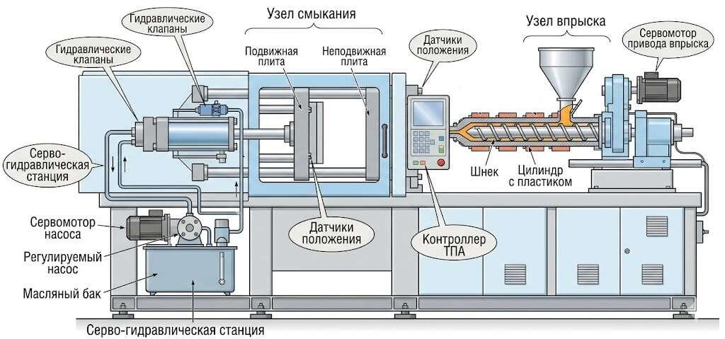 Рис.1.: Схема внутреннего устройства серво-гидравлической машины