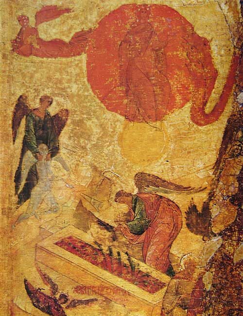 Жена, облачённая в солнце, и ангел, пожинающий гроздья гнева (деталь иконы «Апокалипсис»  Успенского собора Московского Кремля, ок. 1500 года)
https://ru.wikipedia.org/wiki/%D0%96%D0%B5%D0%BD%D0%B0,_%D0%BE%D0%B1%D0%BB%D0%B5%D1%87%D1%91%D0%BD%D0%BD%D0%B0%D1%8F_%D0%B2_%D1%81%D0%BE%D0%BB%D0%BD%D1%86%D0%B5#/media/%D0%A4%D0%B0%D0%B9%D0%BB:Woman_of_the_Apocalypse_(icon).jpg