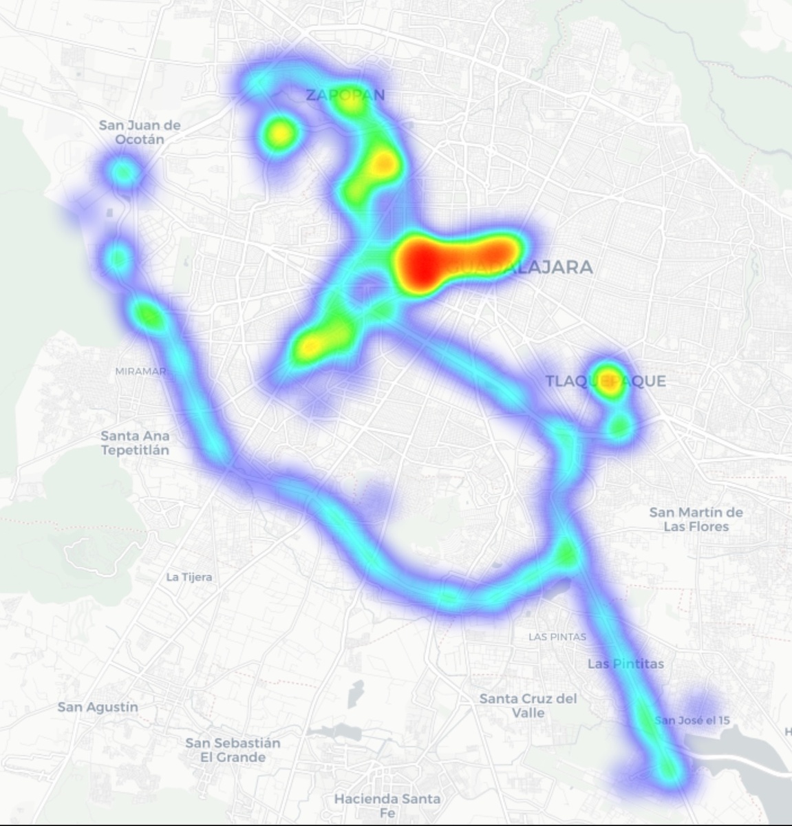 Тепловая карта исследованных точек Wi-Fi в Гвадалахаре