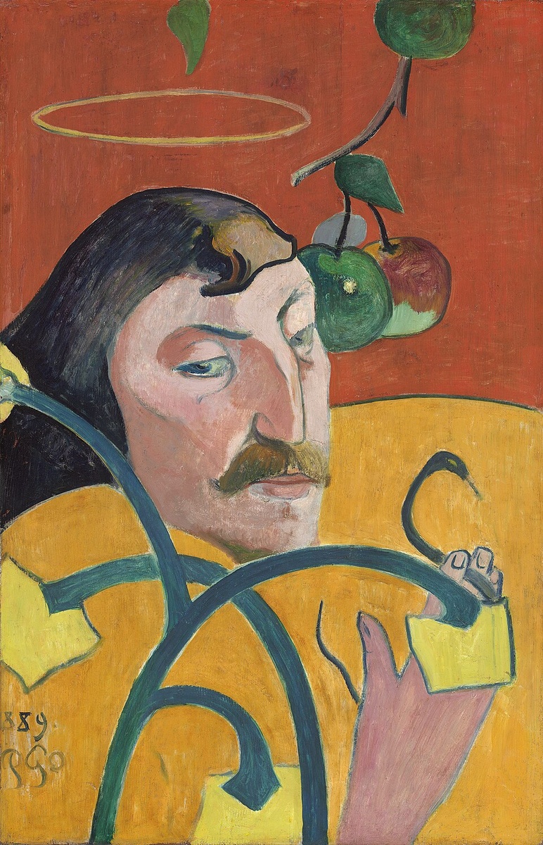 Поль Гоген. «Автопортрет с нимбом и змеёй», 1889. Художник изображает себя почти как загадочный символ — между святостью, искушением и собственной легендой. Public Domain / Wikimedia Commons