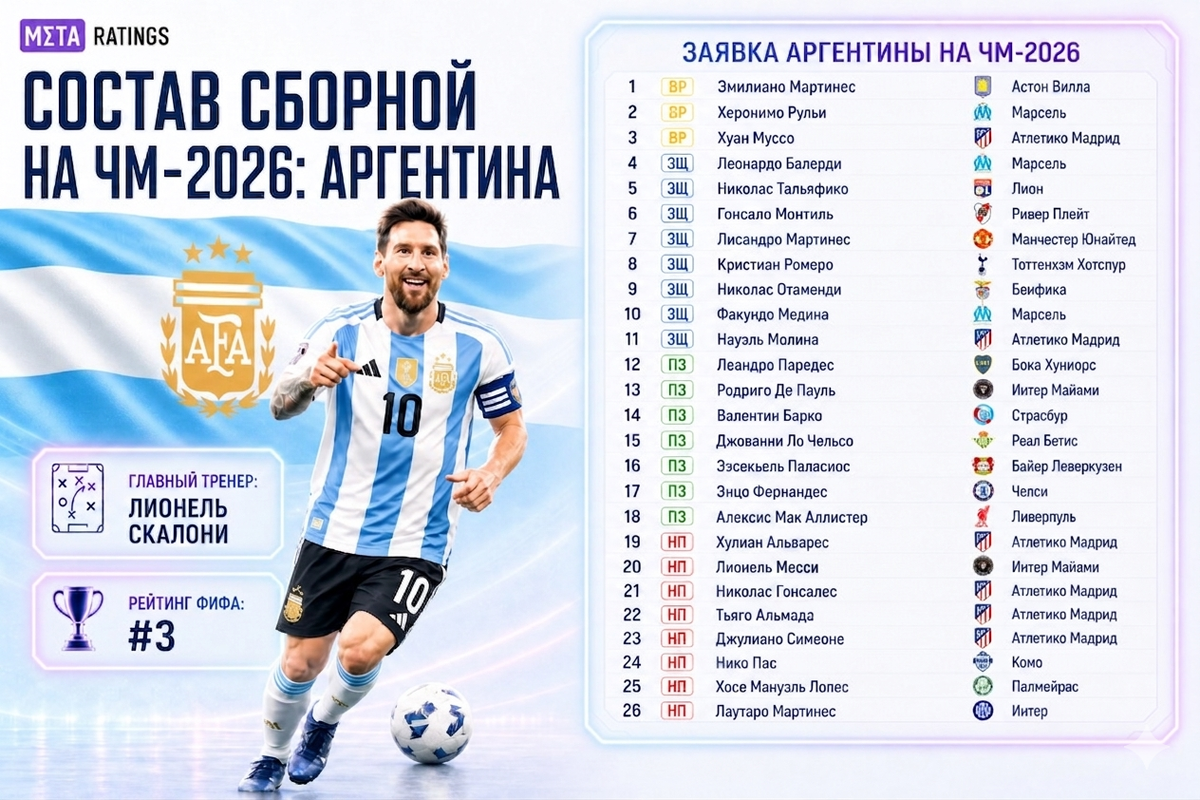     Состав сборной Аргентины на ЧМ-2026