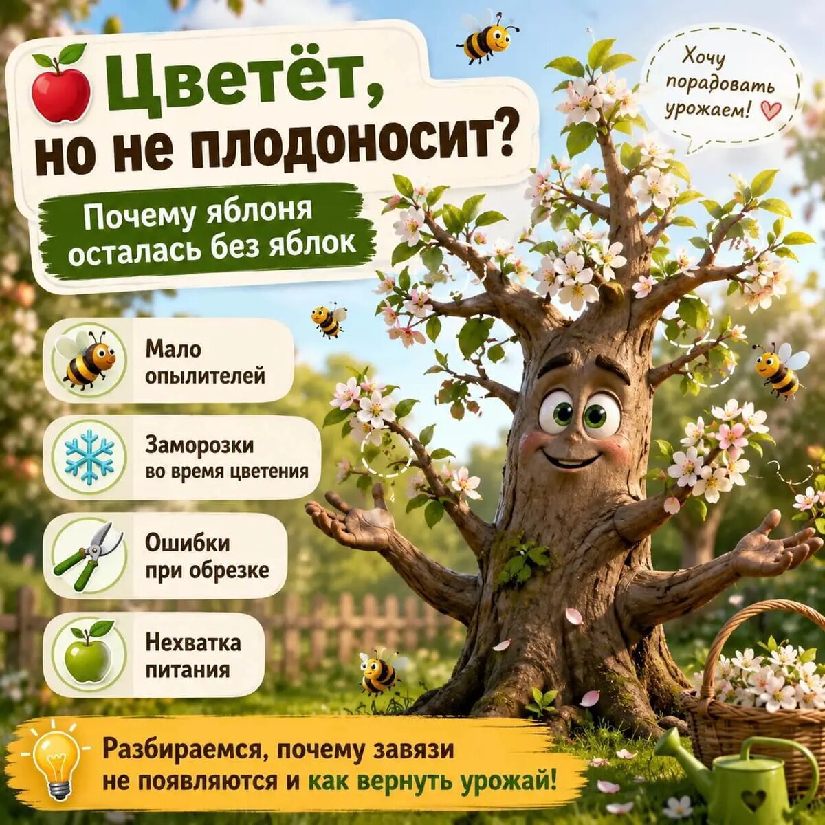 Почему яблоня цветёт, но не завязывает плоды