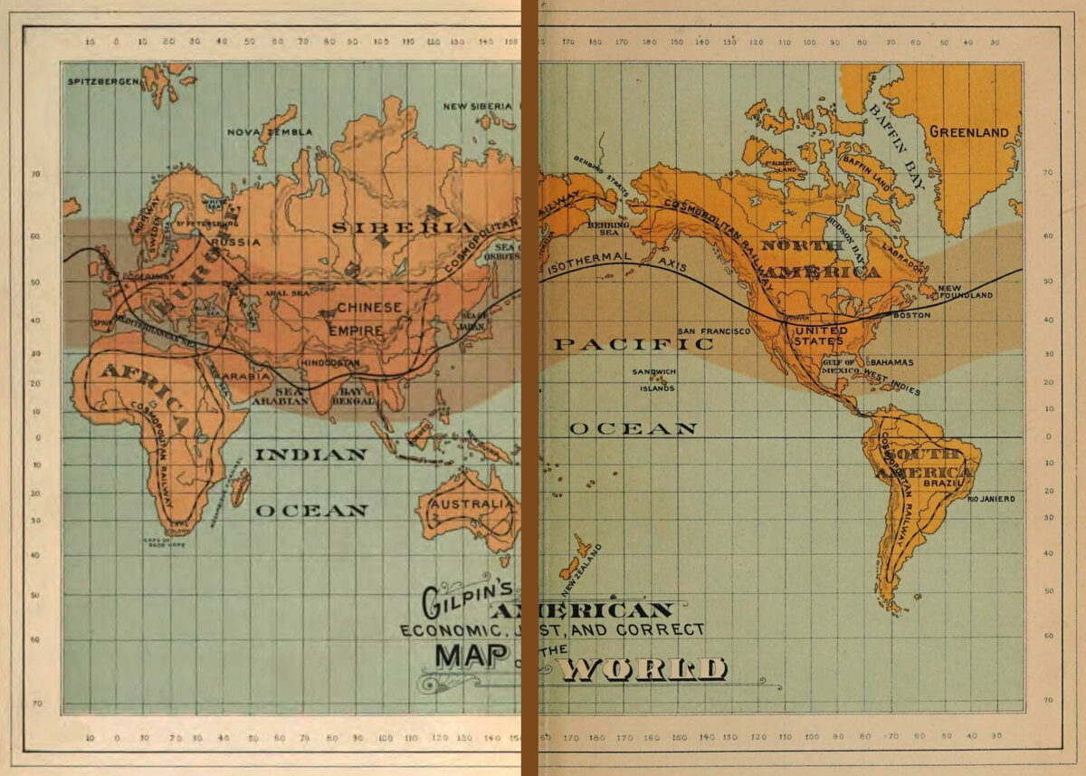 Предлагаемая железная дорога, охватывающая весь мир, из книги Уильяма Гилпина 1890 года «Космополитическая железная дорога». План включал мост через Берингов пролив, который Гилпин описал как «возможно, не очень сложное предприятие».