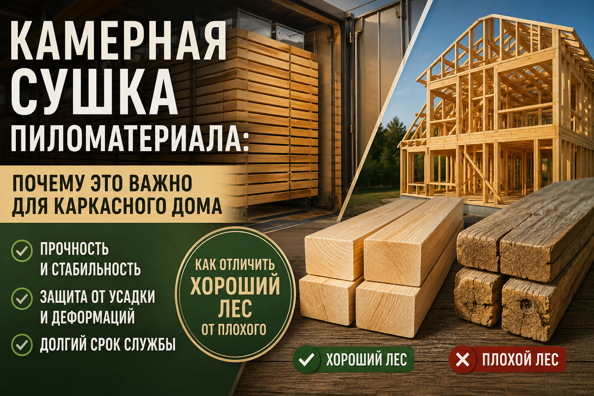 Разбираем, что такое камерная сушка, почему дома из сырого леса разрушаются через 5–10 лет и как проверить пиломатериал перед покупкой дома.