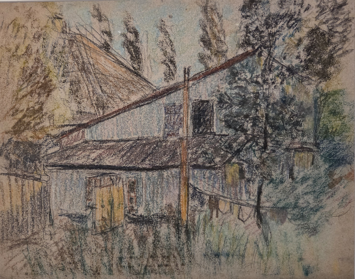 Михаил Ларионов. Двор с развешанным бельем. 1900-е бумага, пастель