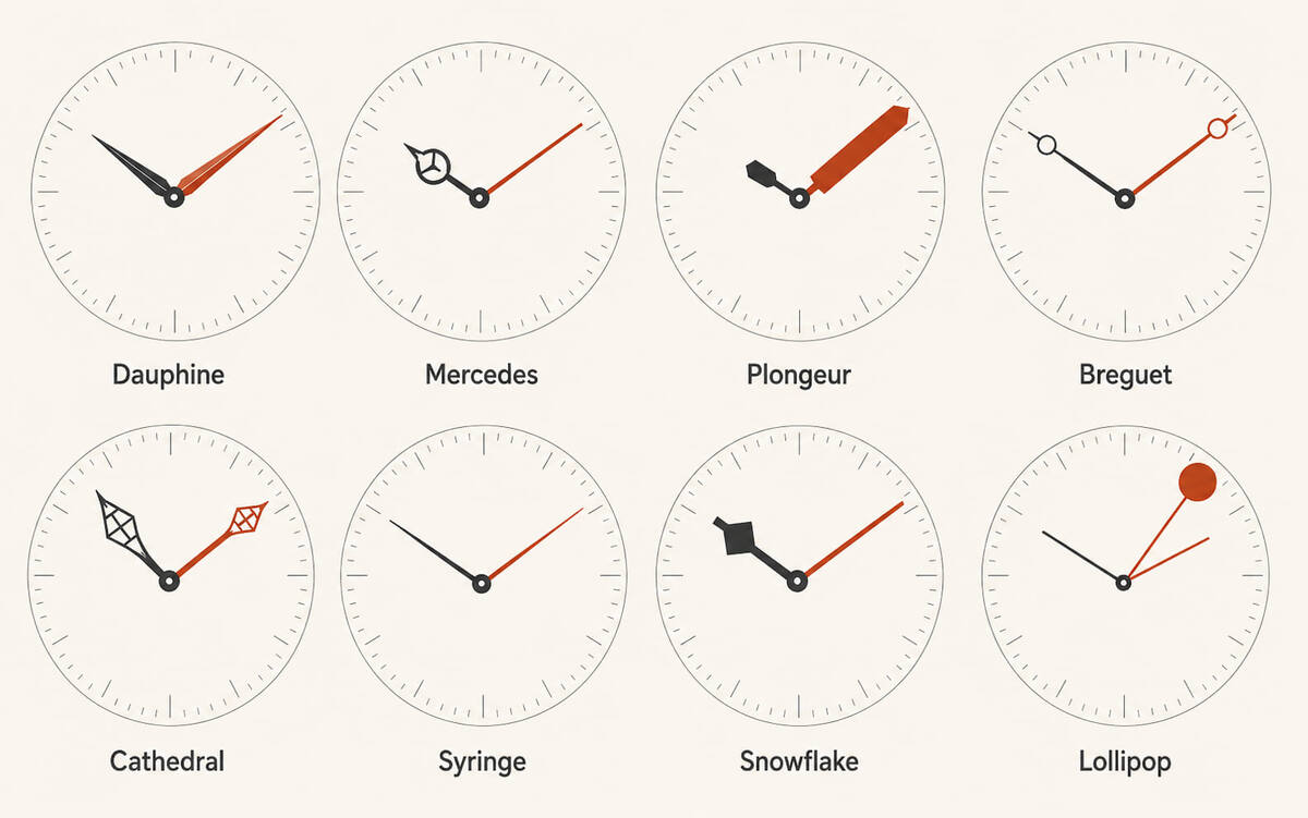 Восемь форм часовых стрелок на циферблатах: Dauphine, Mercedes, Plongeur, Breguet, Cathedral, Syringe, Snowflake, Lollipop