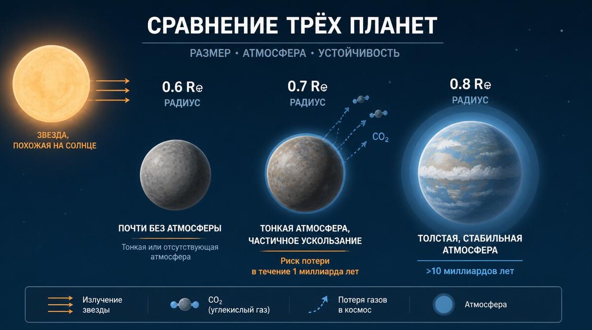 Инфографика, сравнивающая три планеты разного размера: радиус 0,6 R⊕ (меньше Земли), радиус 0,7 R⊕ и радиус 0,8 R⊕.. © https://ab-news.ru