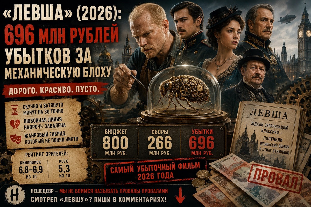 «Левша» (2026) стал самым убыточным фильмом российского проката: при бюджете 800 млн рублей картина собрала всего 266 млн, принеся создателям около 696 млн рублей убытков.
