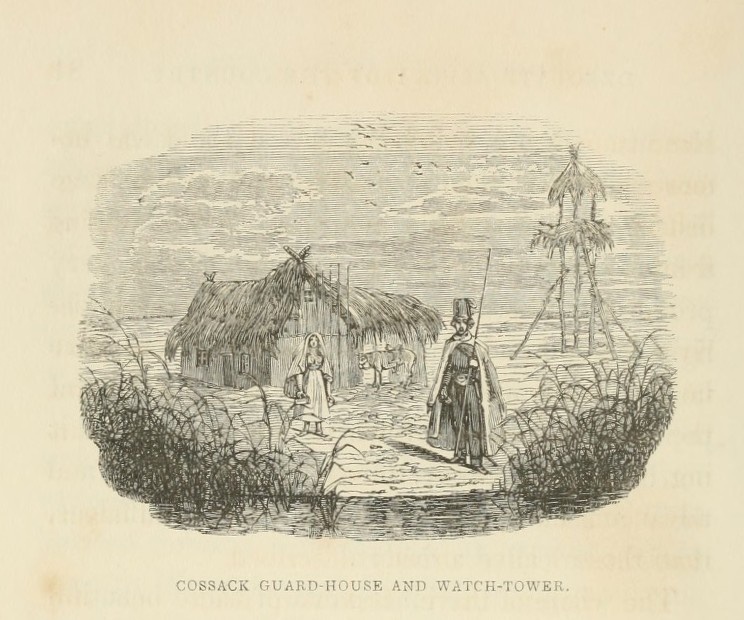 Иллюстрация "Казачий караул и сторожевая башня". Источник: Spencer, Edmund, Travels in Circassia, Krim-Tartary, &c., including a steam voyage down the Danube, from Vienna to Constantinople and round the Black Sea, in 1836. London: Henry Colburn, 1837. 2 vols.