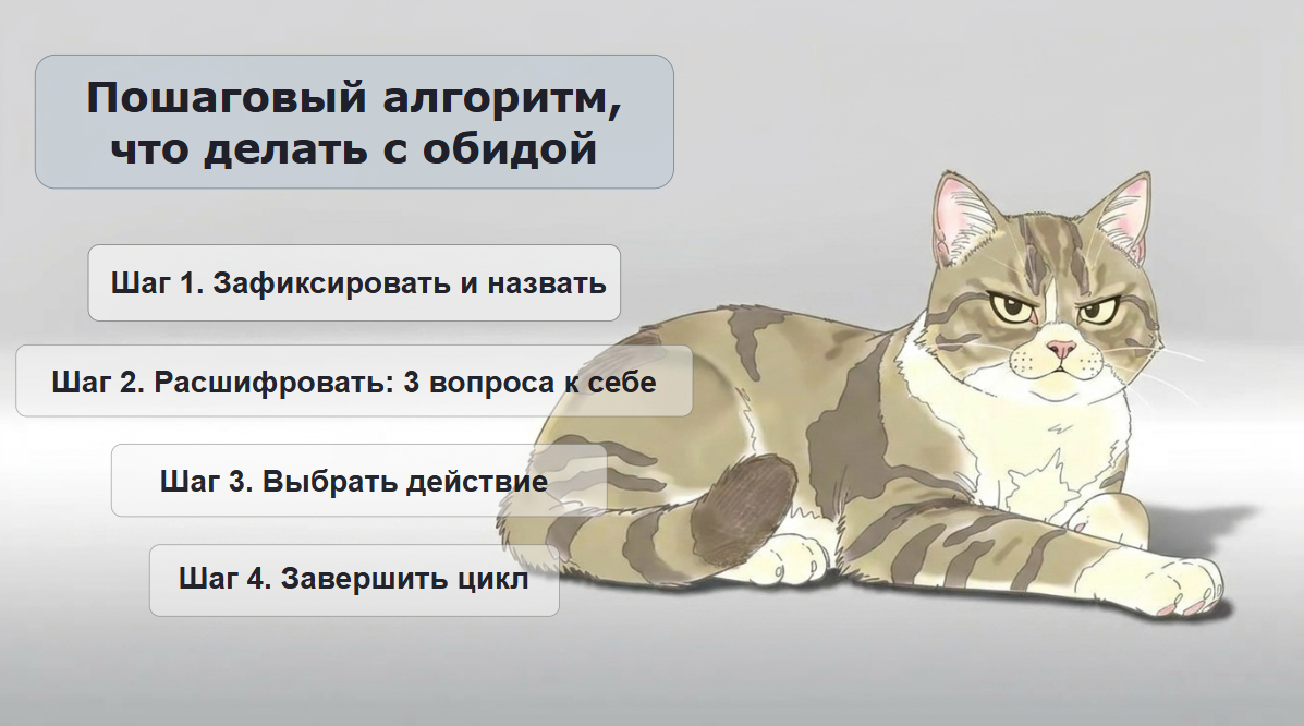 Пошаговый алгоритм, что делать с обидой. Авторское изображение