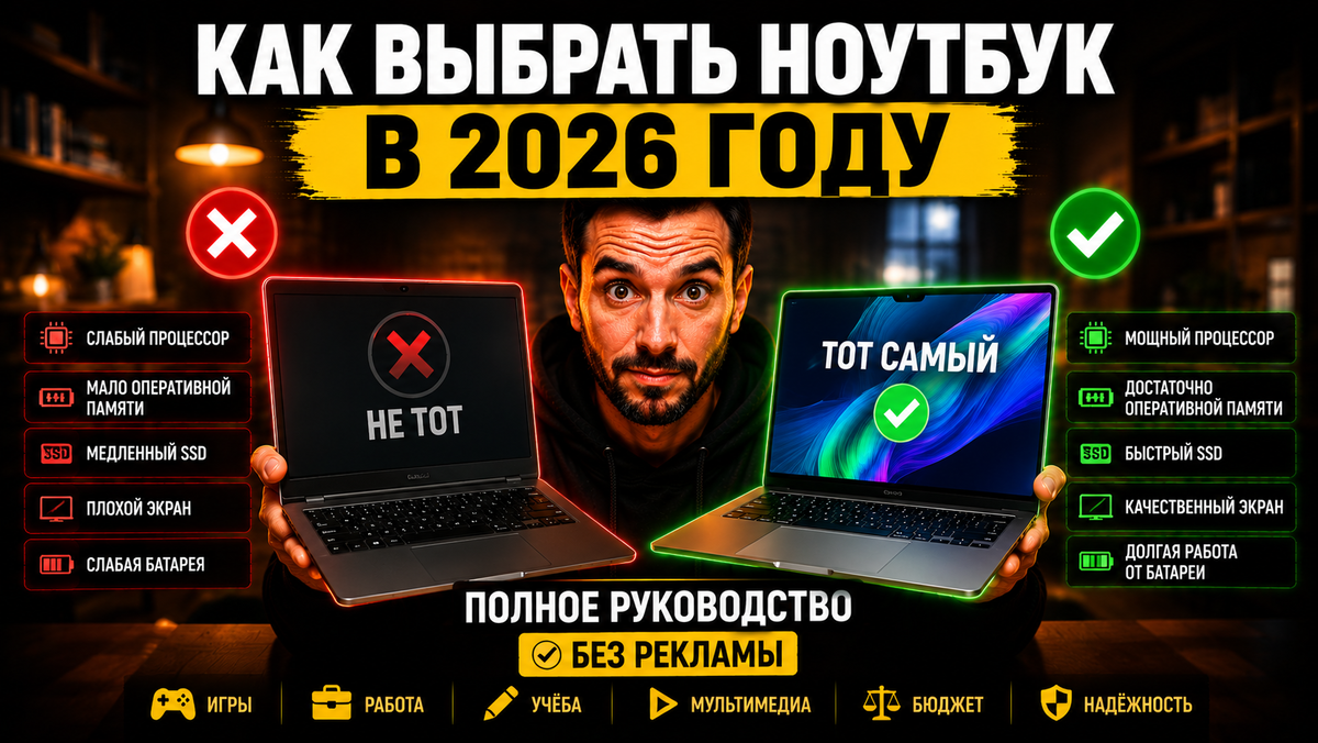 Ноутбук 2026 года на рабочем столе с отображением характеристик — процессор, оперативная память, SSD и автономность; иллюстрация к статье о том, как выбрать ноутбук в 2026 году, советы по выбору без рекламы.