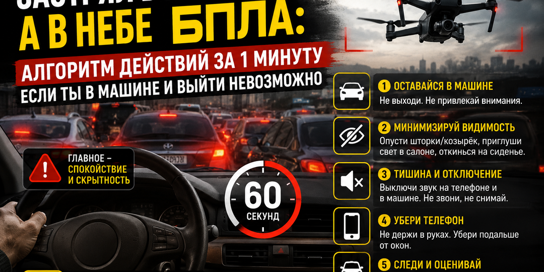 Застрял в пробке, а в небе БПЛА: алгоритм действий за 1 минуту, если ты в машине и выйти невозможно.