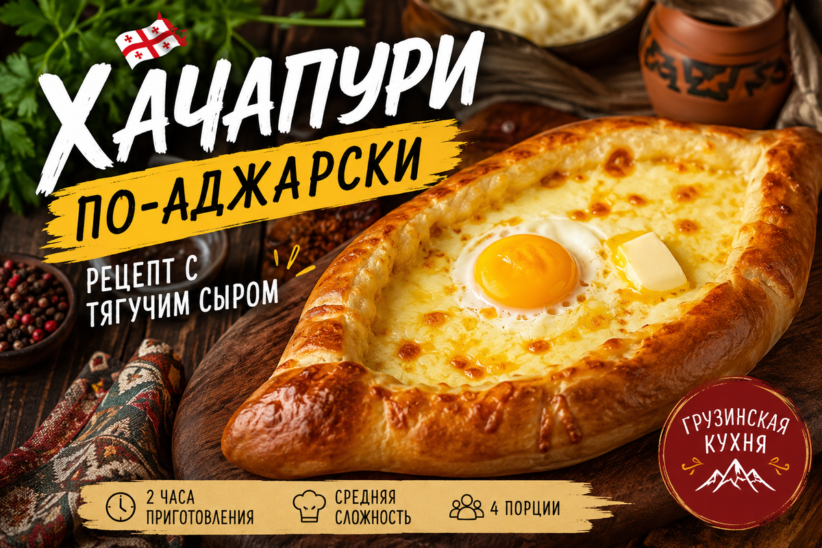 Аппетитный хачапури по-аджарски с золотистой хрустящей корочкой, расплавленным сыром, яйцом и кусочком сливочного масла в центре. Выпечка подана на деревянной доске в уютной атмосфере грузинской кухни. 