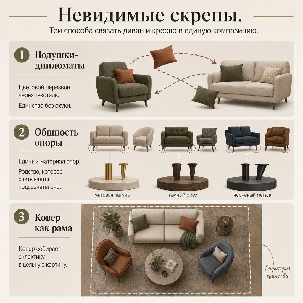 Декоративные подушки связывают диван и кресло