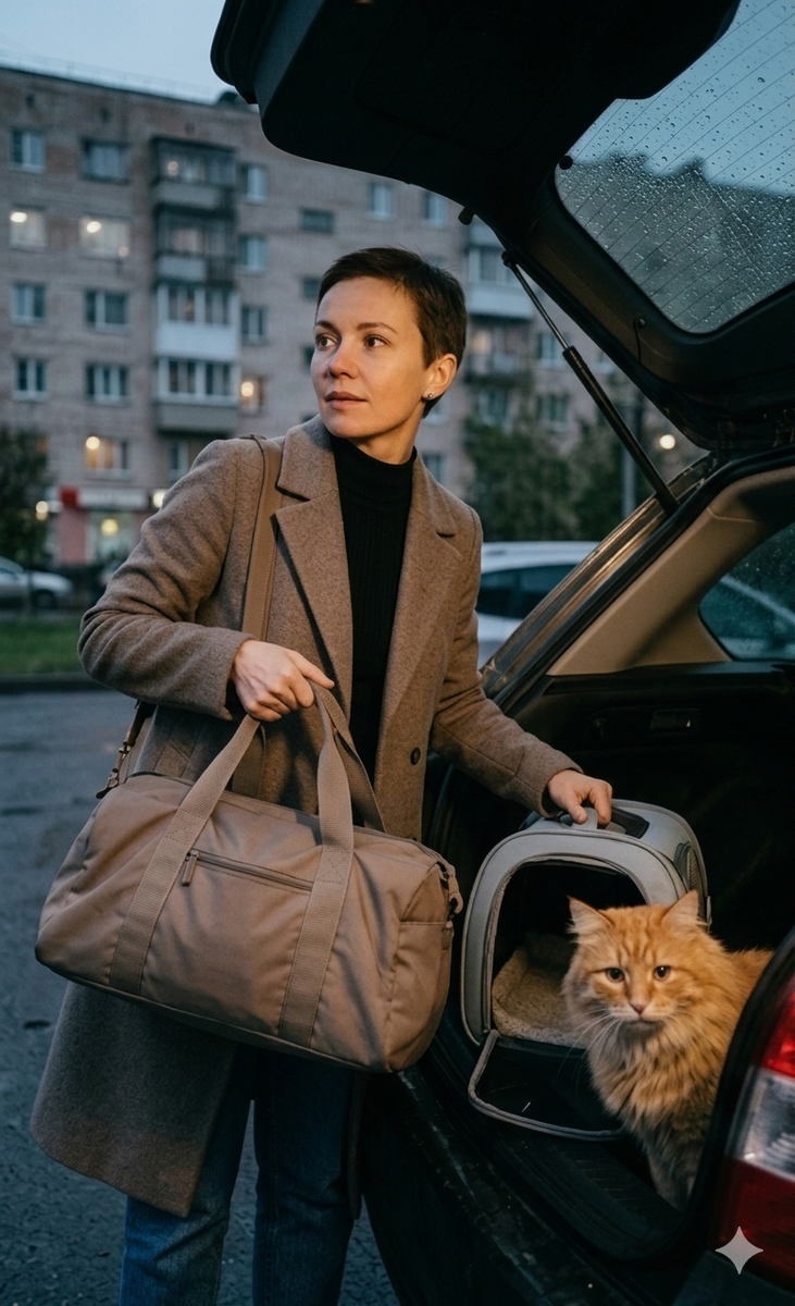 Фокус на Елене, которая собирает вещи и уезжает, ее взгляд устремлен в будущее.