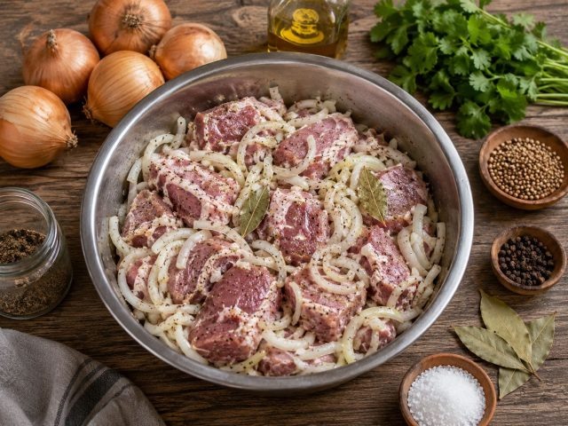 Луковый маринад даёт шашлыку тот самый классический аромат: мясо получается сочным, мягким, с лёгкой сладостью лука, пряным перцем и румяной корочкой после жарки на углях.  📷
