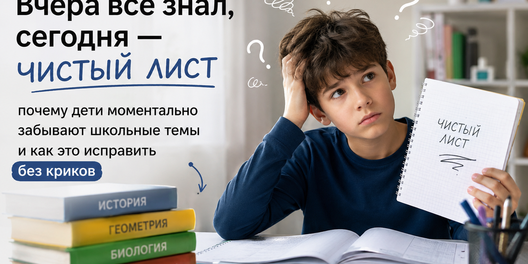 «Вчера всё знал, сегодня — чистый лист»: почему дети моментально забывают школьные темы и как это исправить без криков