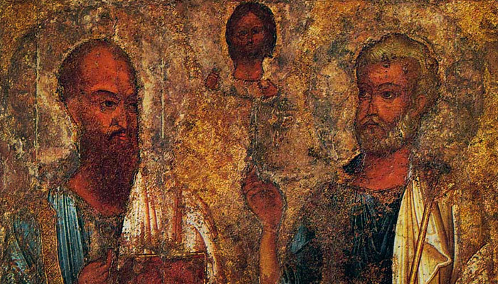 Апостолы Петр и Павел (фрагмент одной из древнейших русских  икон, Софийский собор Великого Новгорода, XI век). Фото: wikimedia.org