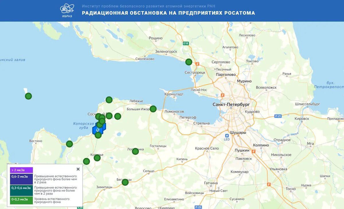    Радиационная обстановка на предприятиях Росатома. Фото: скрин карты с сайта www.russianatom.ru