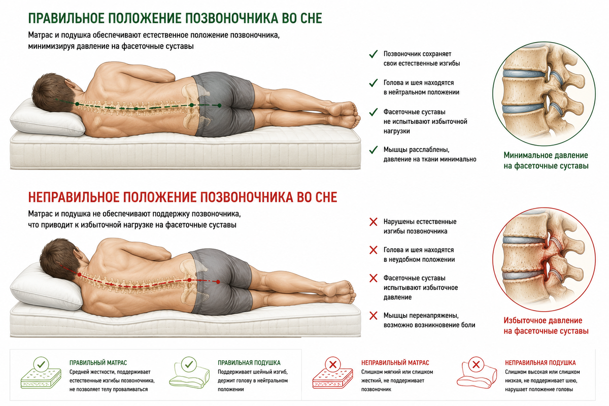 Правильное и неправильное положение позвоночника во сне. Нажмите на изображение, чтобы увеличить его.