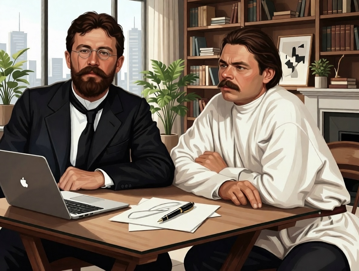 Знакомство писателей состоялось в 1899 году. Горький восхищался Чеховым и посвятил ему повесть «Фома Гордеев» (предварительно спросив разрешения). На фото — момент дружеской беседы. Чехов высоко оценивал талант Горького: «Из Горького выйдет большущий писателище, если только он не утомится, не охладеет, не обленится». Их общение продолжалось до смерти Чехова. Где и когда: Ялта, 1900 год.