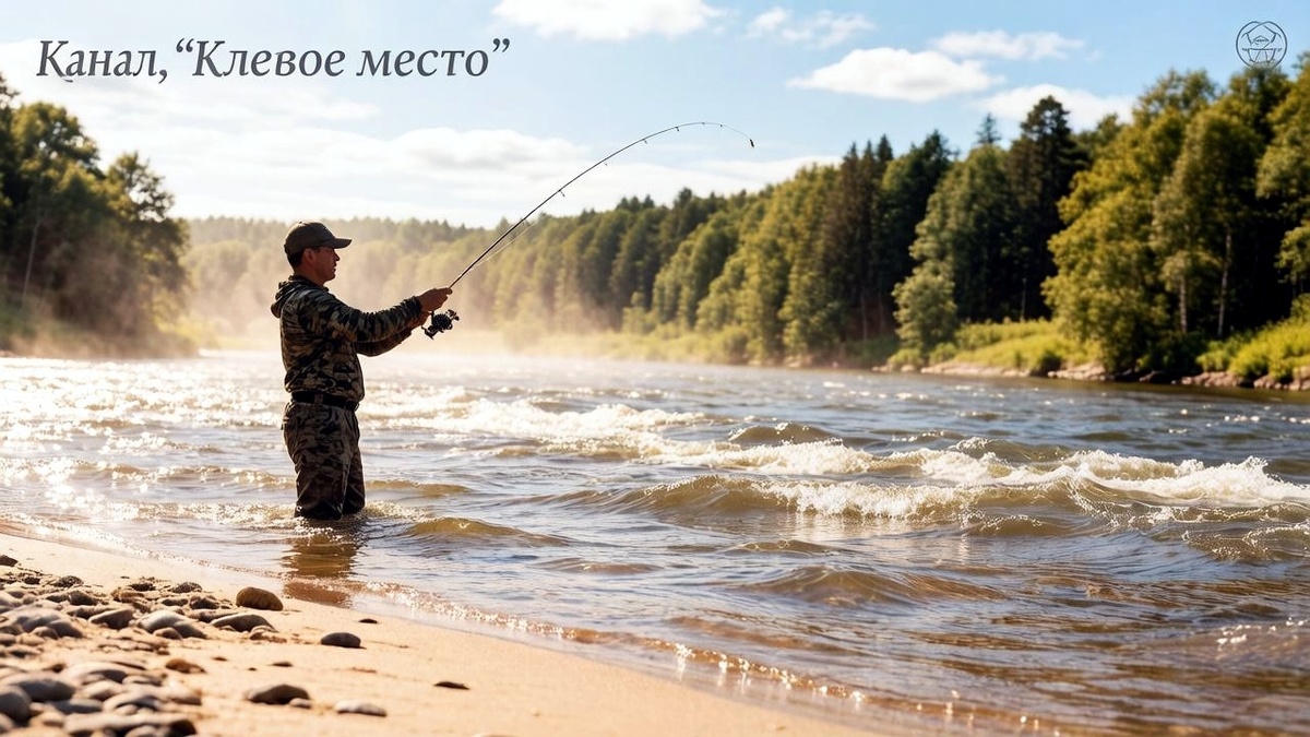 Рыбак ловит жереха на перекате