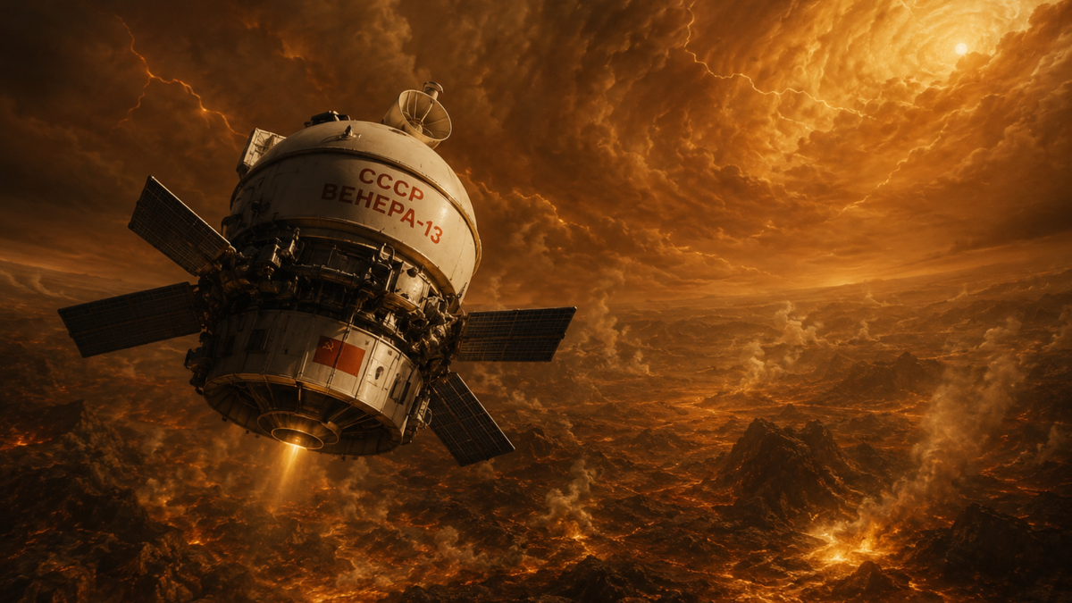 Пролетная космическая станция «Венера-13» приближается к поверхности Венеры. Сюжет в представлении художника. Изображение: генерация ИИ