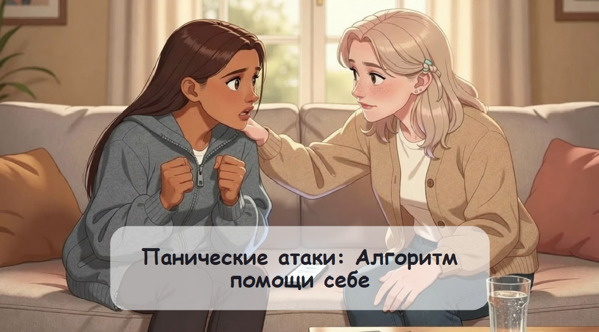 Обложка статьи "Панические атаки: пошаговый алгоритм помощи себе". Авторское изображение