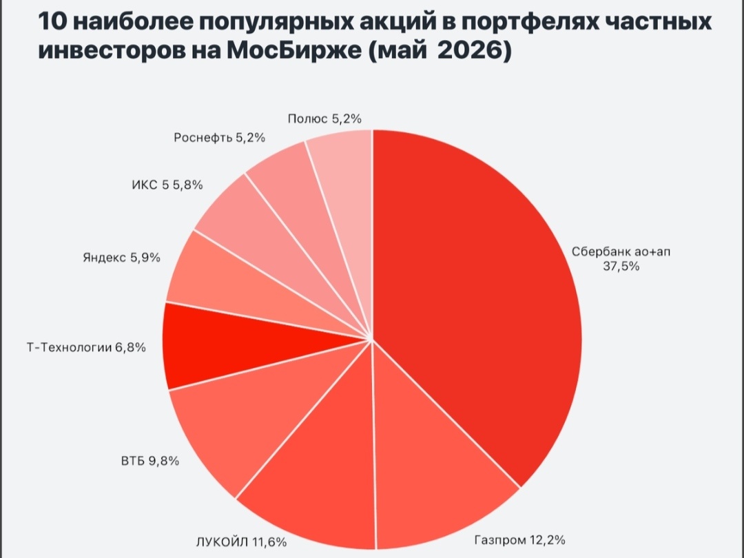 Структура "народного портфеля" за май 2026 года, по данным МосБиржи. 