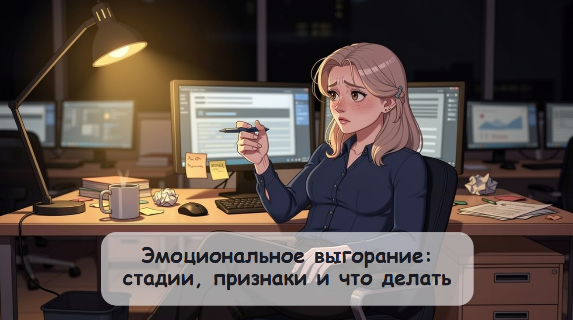 Обложка статьи "Эмоциональное выгорание: стадии, признаки и что делать". Авторское изображение