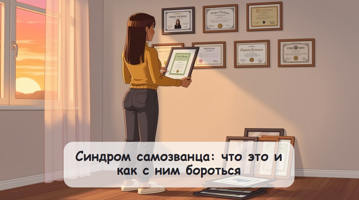 Обложка статьи "Синдром самозванца: что это и как с ним бороться". Авторское изображение