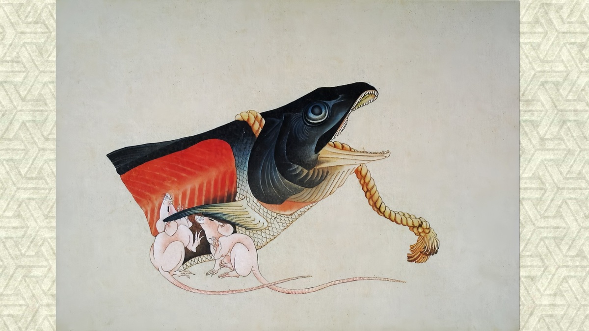 Картинка для привлечения внимания. Хокусай, «Лосось и мыши», 1835 г.