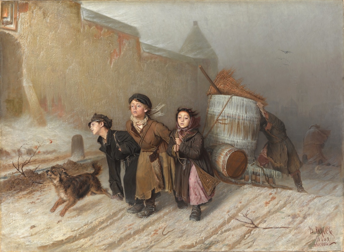 Василий Перов. «Тройка. Ученики мастеровые везут воду». 1866. Холст, масло. Государственная Третьяковская галерея, Москва. Источник: Wikimedia Commons, общественное достояние.