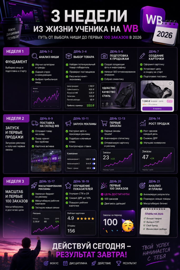    Как выйти на Wildberries с нуля в 2026 году: пошаговый план до первых 100 заказов за 3 недели. Личный опыт действующего селлера с оборотом 30+ млн: от выбора ниши и аналитики до эффективной рекламы и масштабирования. Избегайте ошибок новичков и экономьте бюджет с актуальной стратегией 2026. Читайте, как запустить бизнес удаленно и выйти в топ. Рахим Танжариков