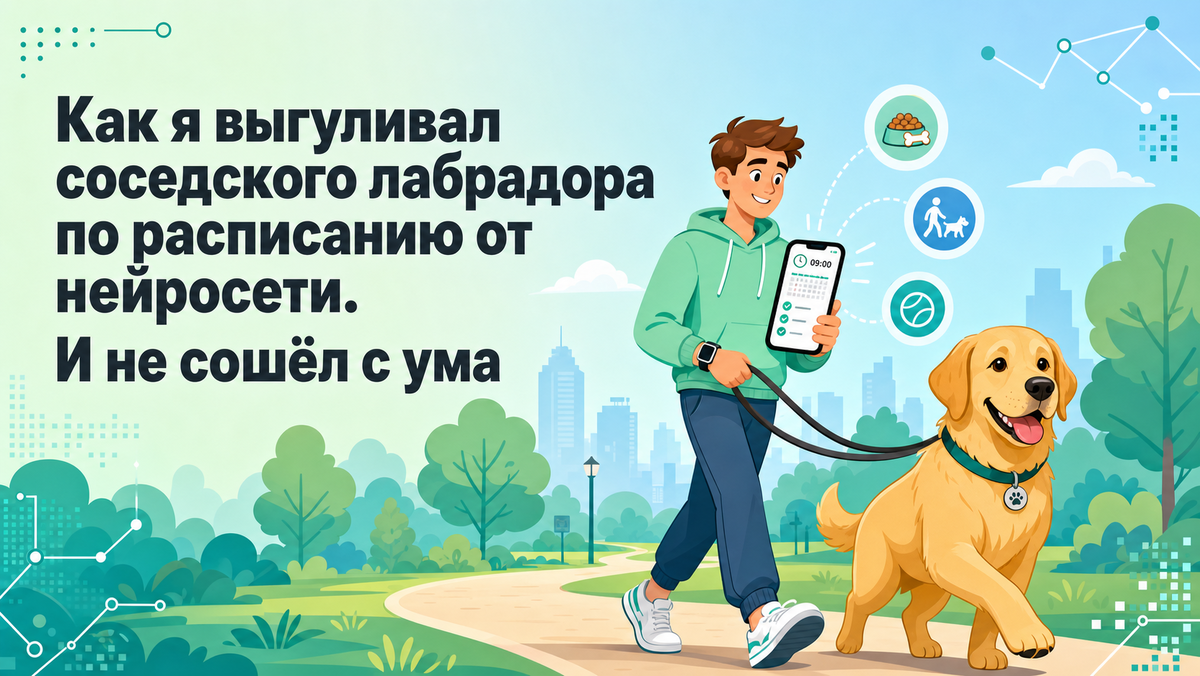 Соседи уехали на две недели, оставив мне собаку. Я никогда не был собачником, но ИИ составил график прогулок, маршруты, рацион и даже помог пережить одну бессонную ночь.

