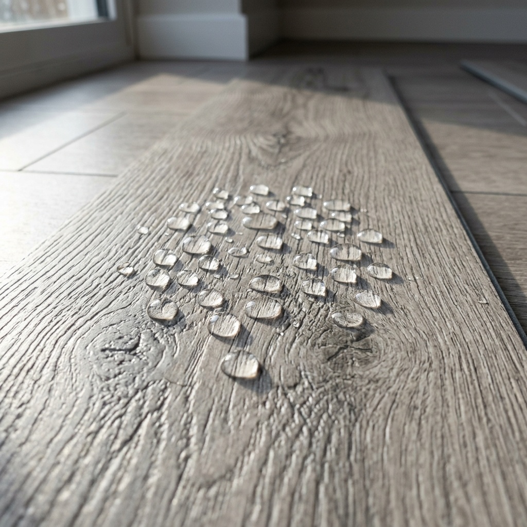 Капли воды собираются на гидрофобной поверхности SPC плиты Alpine Floor Premium XL