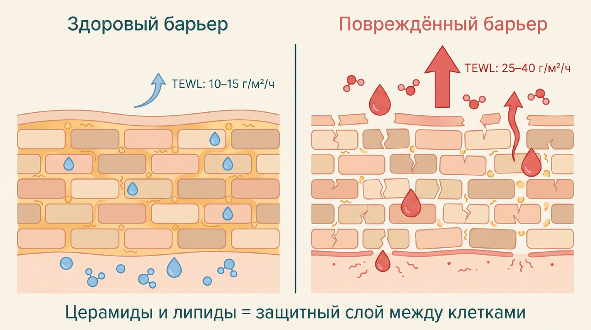 Слева — здоровый барьер: «швы» между клетками заполнены, TEWL в норме 10–15 г/м²/ч. Справа — повреждённый: трещины в липидном слое, потеря воды вырастает до 25–40 г/м²/ч.