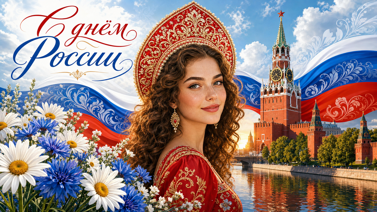 Открытка в нейросети с вашим лицом к празднику "День России"
