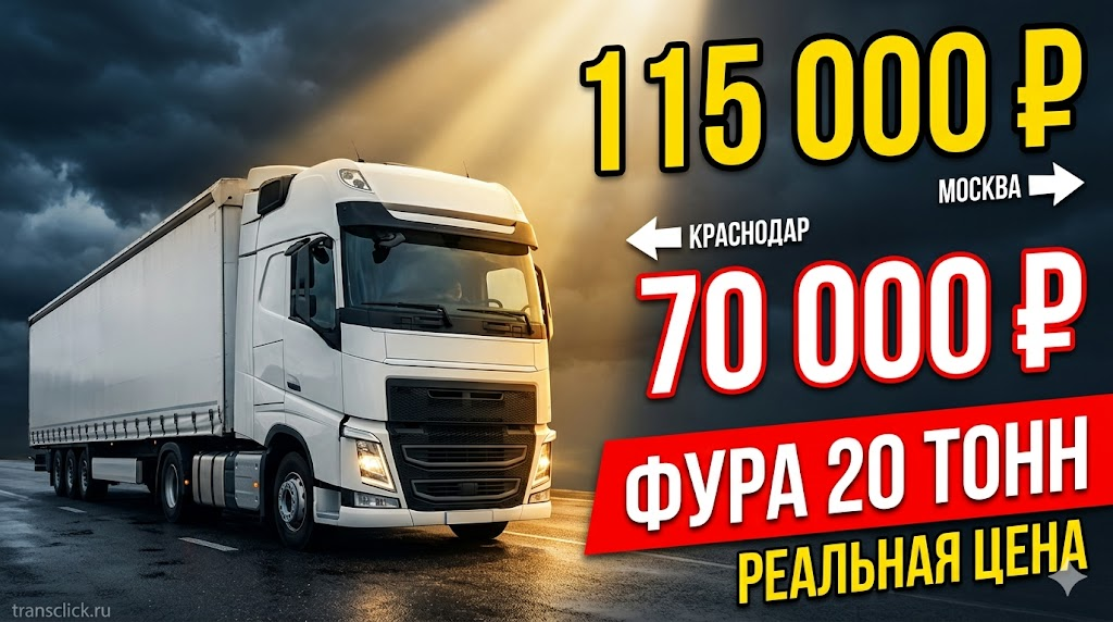 Большегрузная фура 20 тонн с тентованным полуприцепом на трассе в драматическом освещении. На обложке две цены за один и тот же маршрут: 115 000 ₽ Москва → Краснодар и 70 000 ₽ Краснодар → Москва. Иллюстрирует тему статьи — реальная стоимость грузоперевозки фурой и откуда разница в цене туда и обратно.