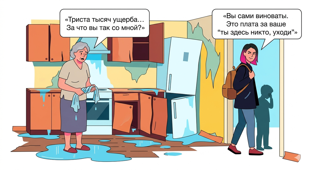 Мать выгнала невесту сына из своей квартиры. На следующий день — потоп. Ремонт за 340 тысяч уничтожен. По закону они виноваты. Но кто начал первым?