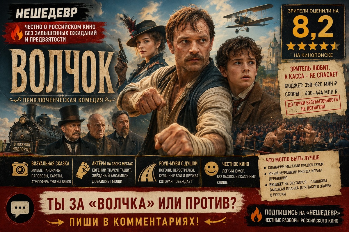 Обзор фильма «Волчок» (2025): Евгений Ткачук в приключенческой комедии о путешествии по России начала XX века. Почему зрители поставили фильму высокие оценки, а кассовые сборы всё равно не позволили окупить бюджет?